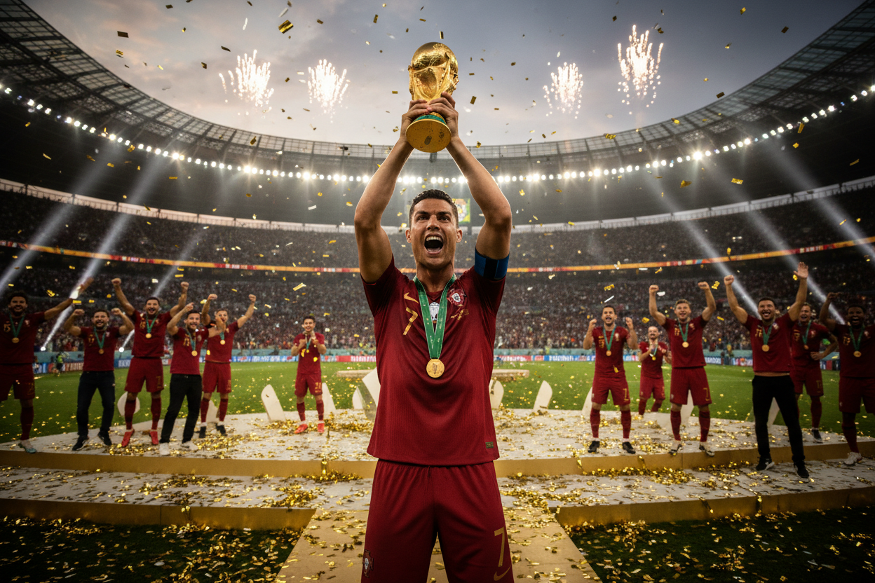 Cristiano Ronaldo holding the world cup and very excited